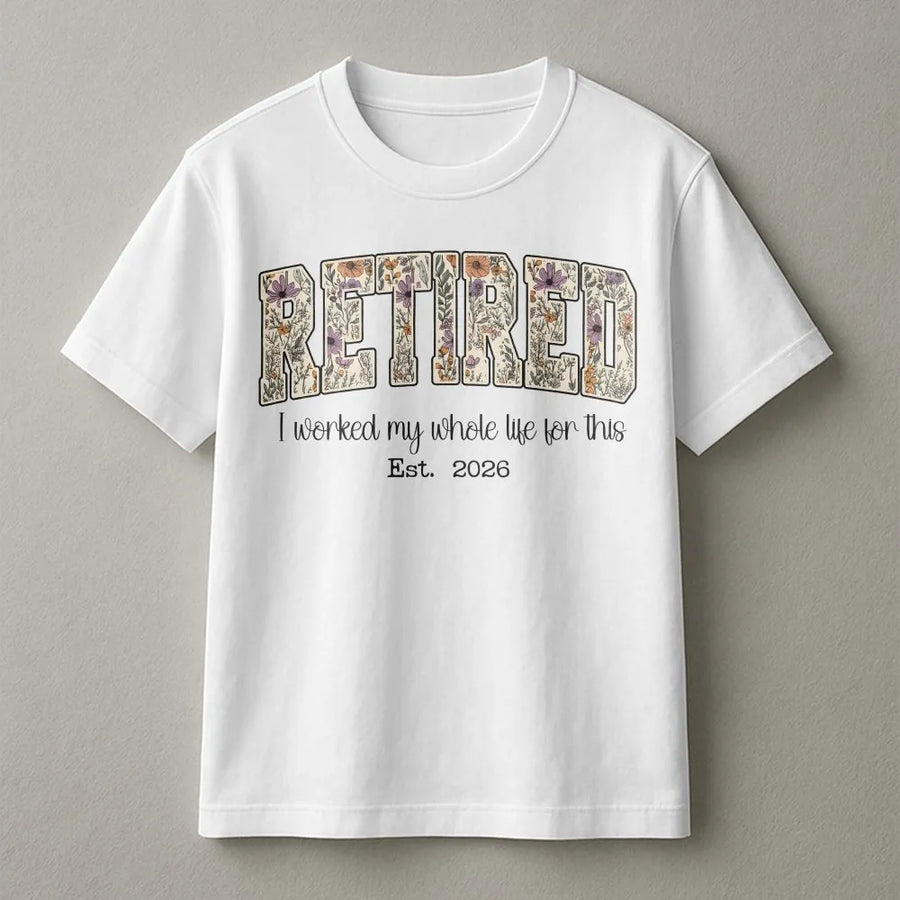 Retired 2026 T-Shirt | Vintage Floral Lettering Design | Premium Cotton Tee | Funny Retirement Party Gift for Women, Coworker