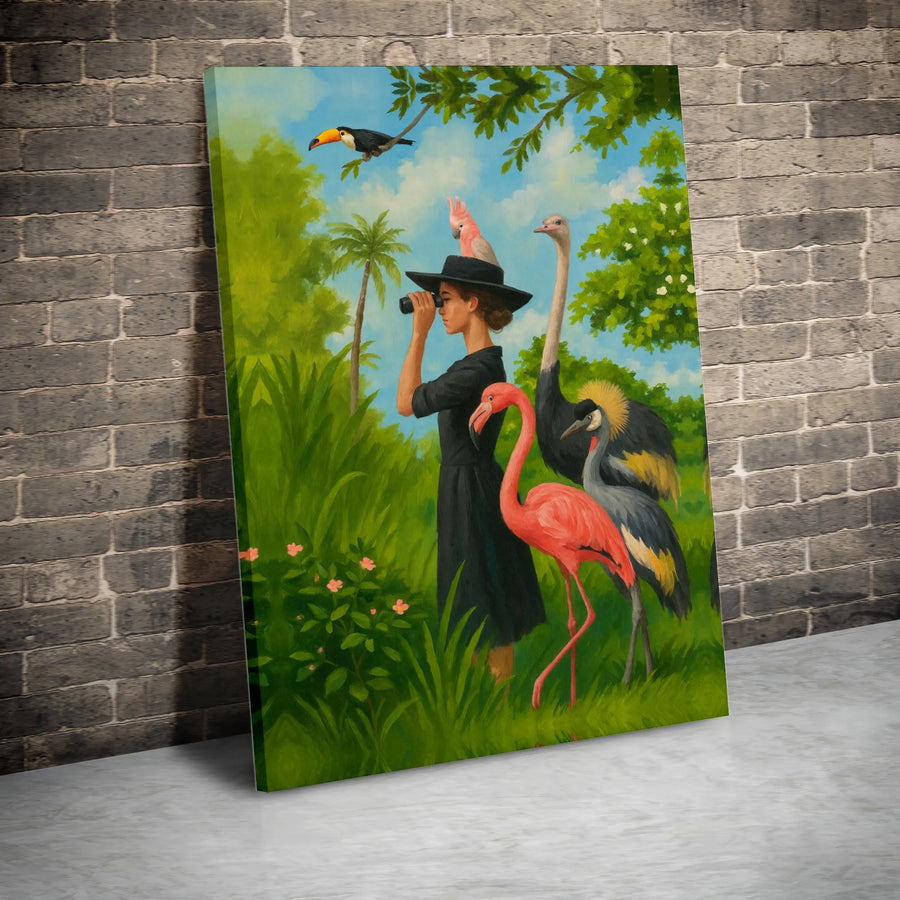 Exotic Bird Watcher Canvas Art | Surreal Jungle Painting with Flamingo & Toucan | Premium Gallery Wrap Print | Unique Wall Decor Gift for Nature Lovers