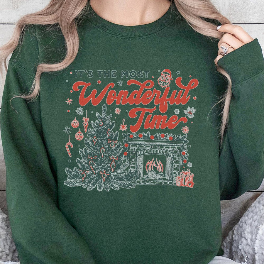 It's The Most Wonderful Time Sweatshirt | Retro Christmas Tree & Fireplace Graphic | Premium Cotton Blend | Holiday Gift For Her & Him