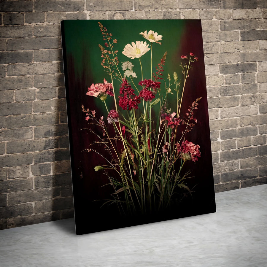 Moody Botanical Wall Art | Wildflower Bouquet Oil Painting Style | Premium Gallery Canvas Print | Elegant Home Decor Gift for Her