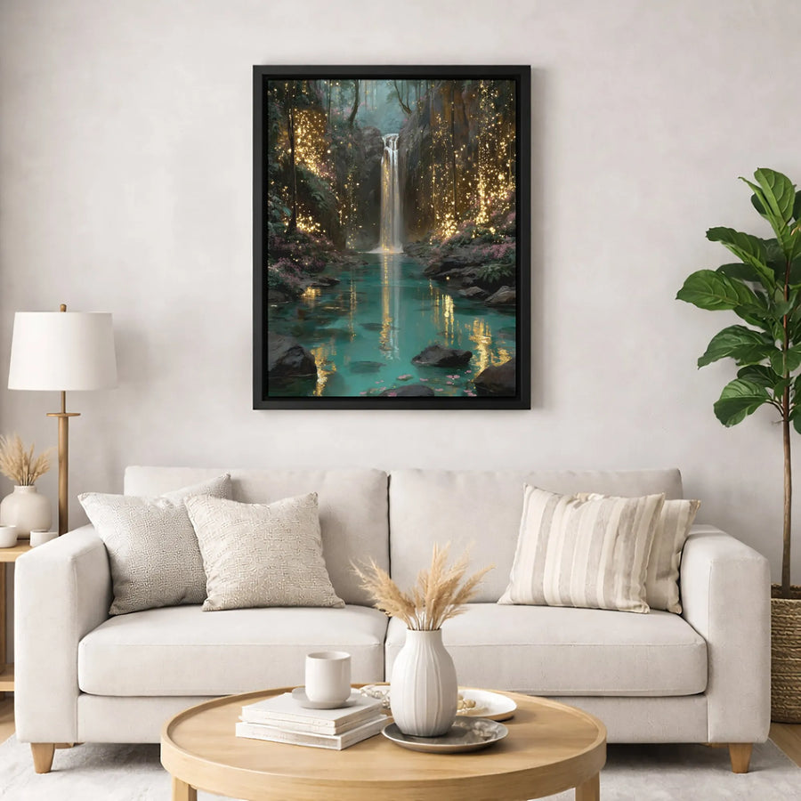 Enchanted Forest Waterfall Canvas | Magical Fairy Light Landscape Wall Art | Gallery Quality Premium Print | Whimsical Nature Home Decor Gift