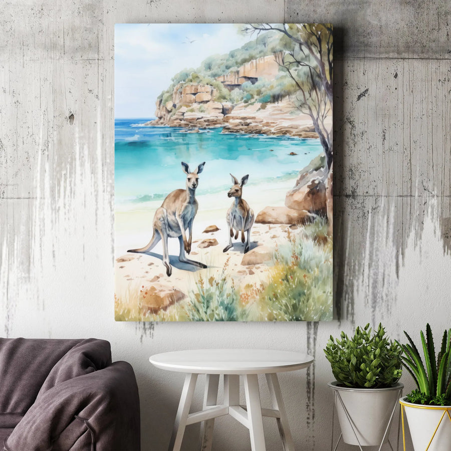 Watercolor Kangaroo Canvas Print | Coastal Australian Wildlife Scene | Thick Gallery Wrap Canvas | Collector's Gift for Nature Lover