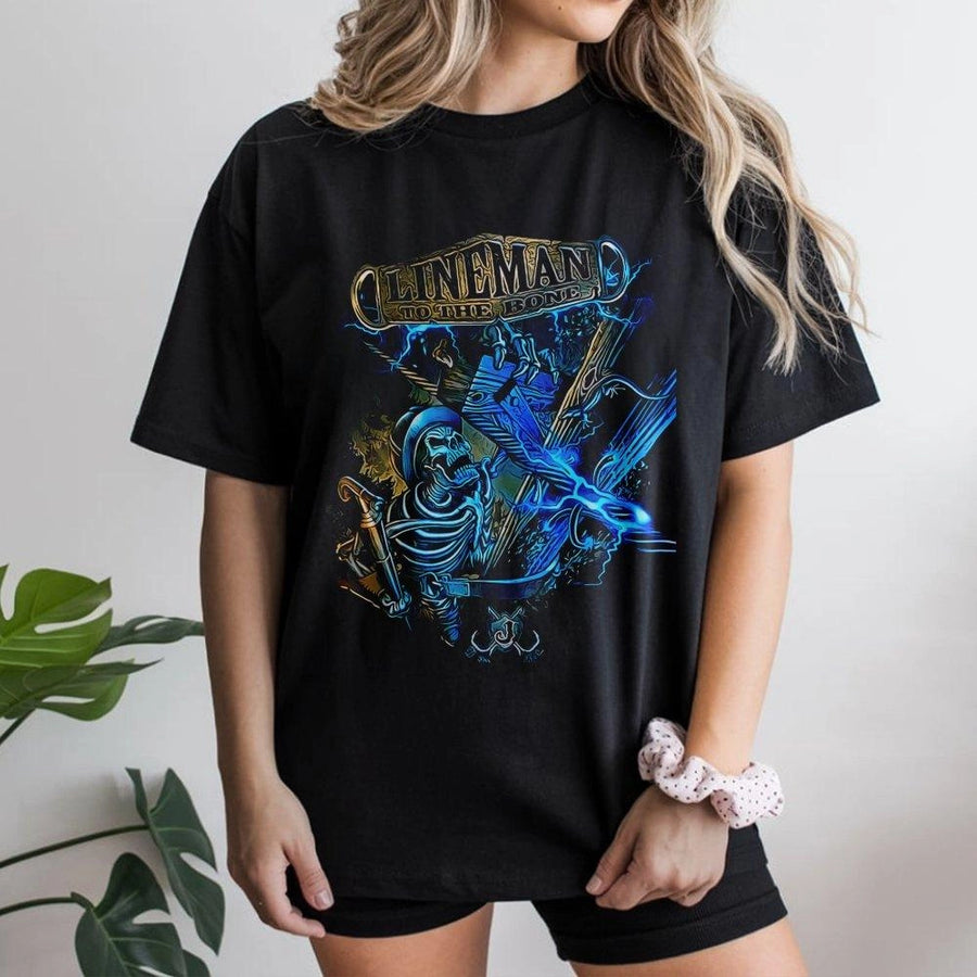 Lineman Graphic T-Shirt | To The Bone Skeleton Electrician Design | Premium Cotton Workwear | Essential Gift for Utility Power Line Workers