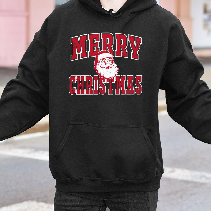 Merry Christmas Santa Hoodie | Retro Distressed Graphic Sweatshirt | Cotton-Polyester Blend | Festive Holiday Gift for Men and Women