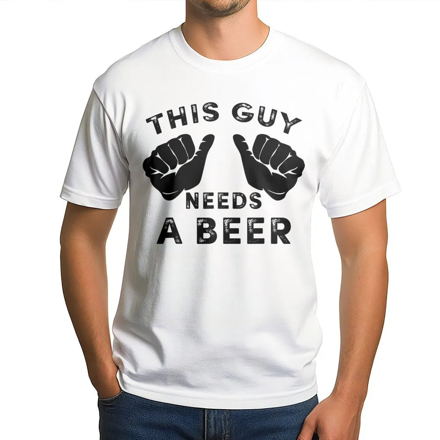 This Guy Needs A Beer T-Shirt | Funny Pointing Thumbs Graphic | Soft Cozy Pullover | Gag Gift for Husband, Dad, Beer Lover