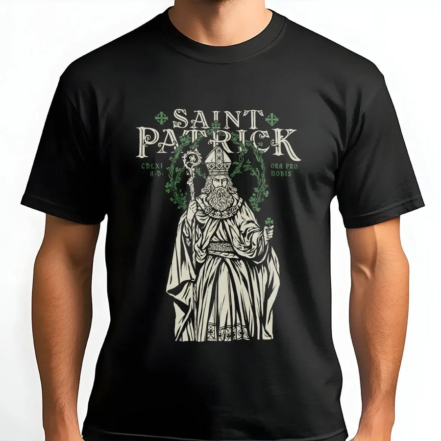 Saint Patrick T-Shirt | Vintage Catholic Graphic Art | Premium 100% Cotton Tee | Religious Irish Heritage Gift for Men and Women