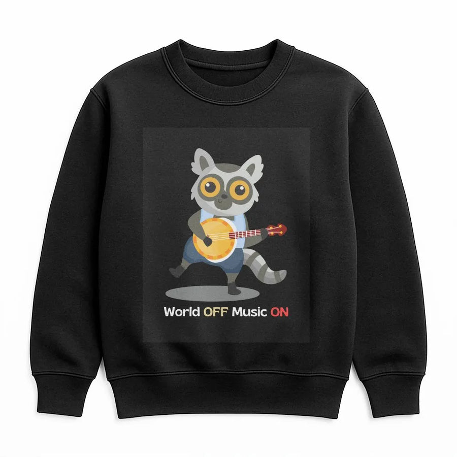 Cartoon Lemur Music Sweatshirt | World Off Music On Graphic Print | Premium Unisex Pullover | Gift for Musician and Banjo Player