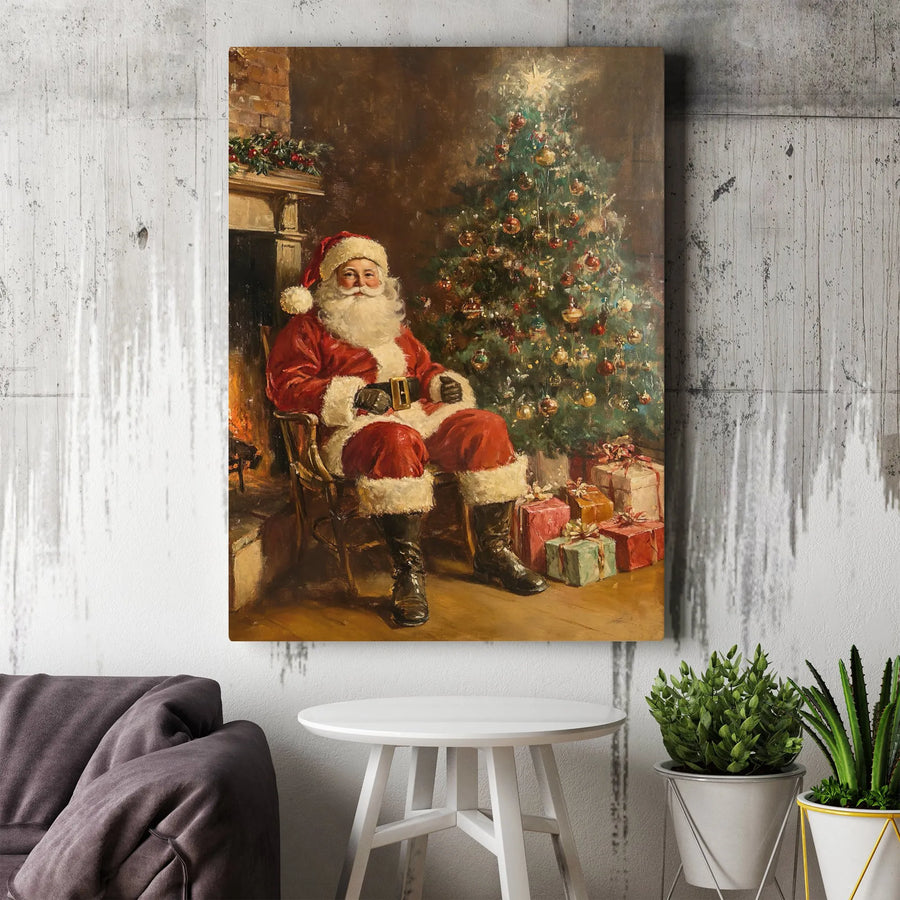 Vintage Santa Claus Wall Art | Traditional Christmas Painting Canvas | Premium Gallery Wrapped Print | Holiday Home Decor Gift