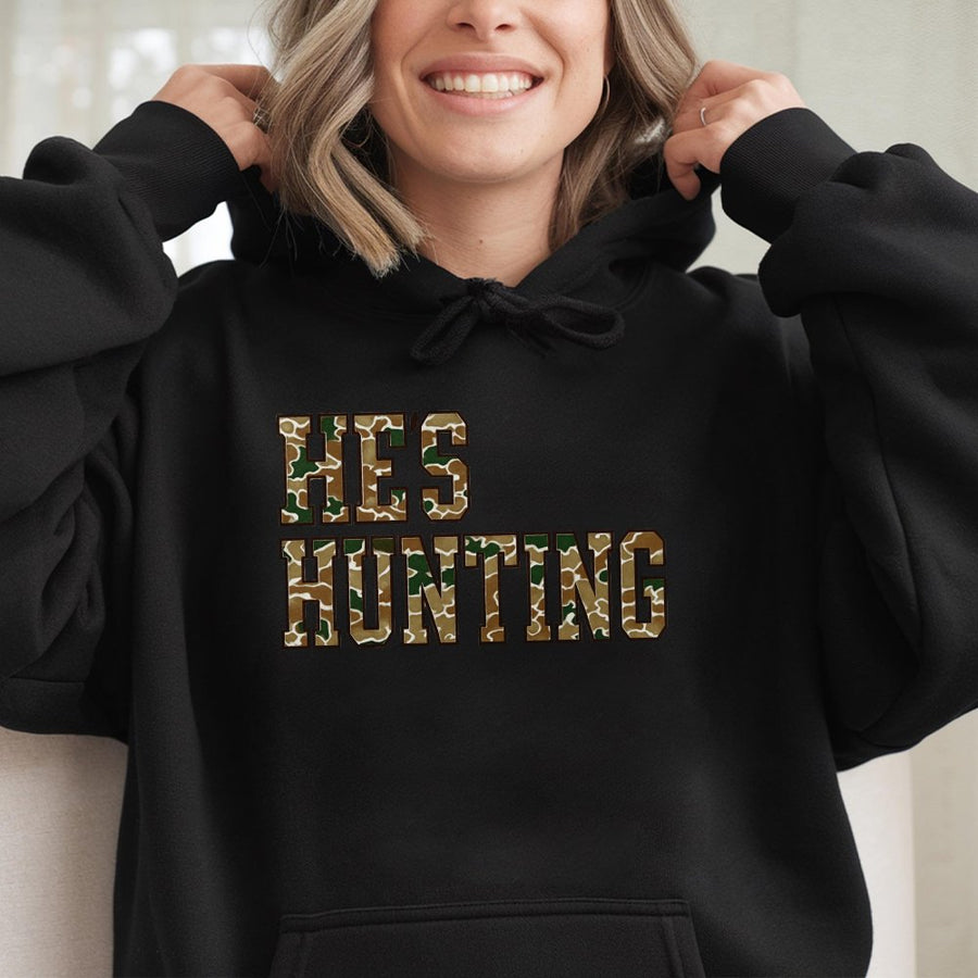 He's Hunting Hoodie | Camo Text Varsity Design | Premium Cotton-Blend Fleece | Perfect Gift for Hunting Wife or Girlfriend