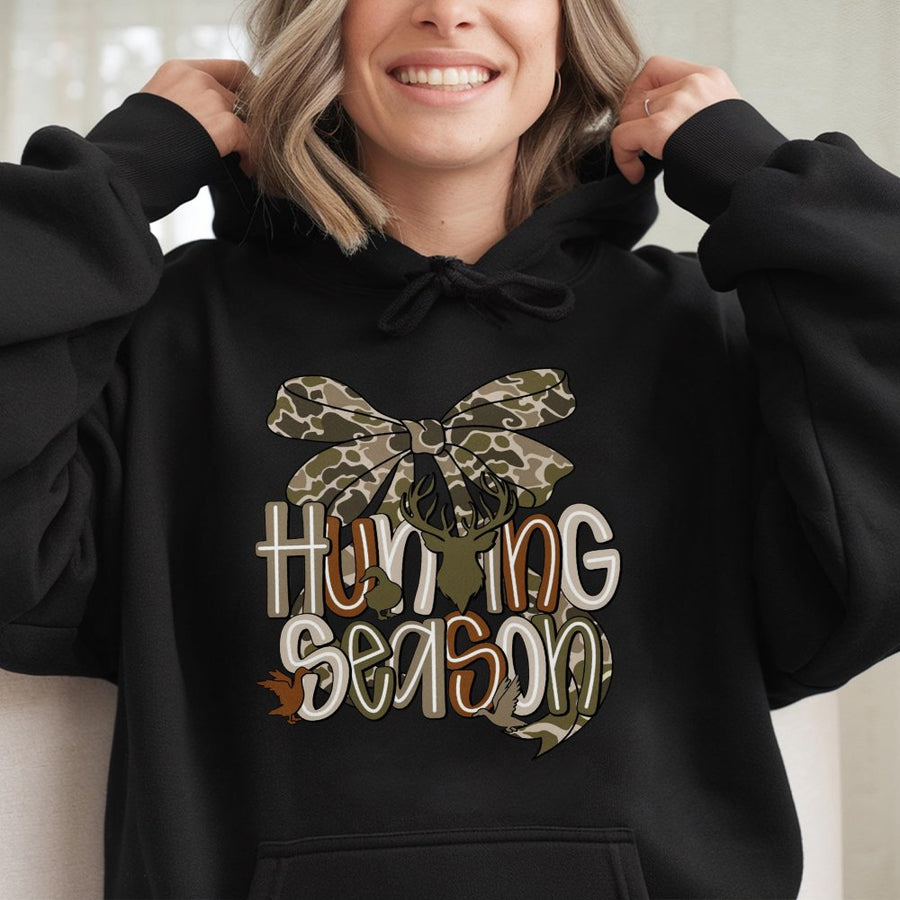 Hunting Season Hoodie | Camo Bow Graphic Deer & Duck Design | Premium Cotton-Polyester Blend | Trendy Outdoor Gift for Women & Teens