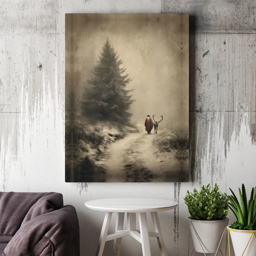 Winter Forest Canvas Wall Art | Vintage Santa Claus Walking with Reindeer | Premium Gallery Wrapped Print | Holiday Home Decor Gift