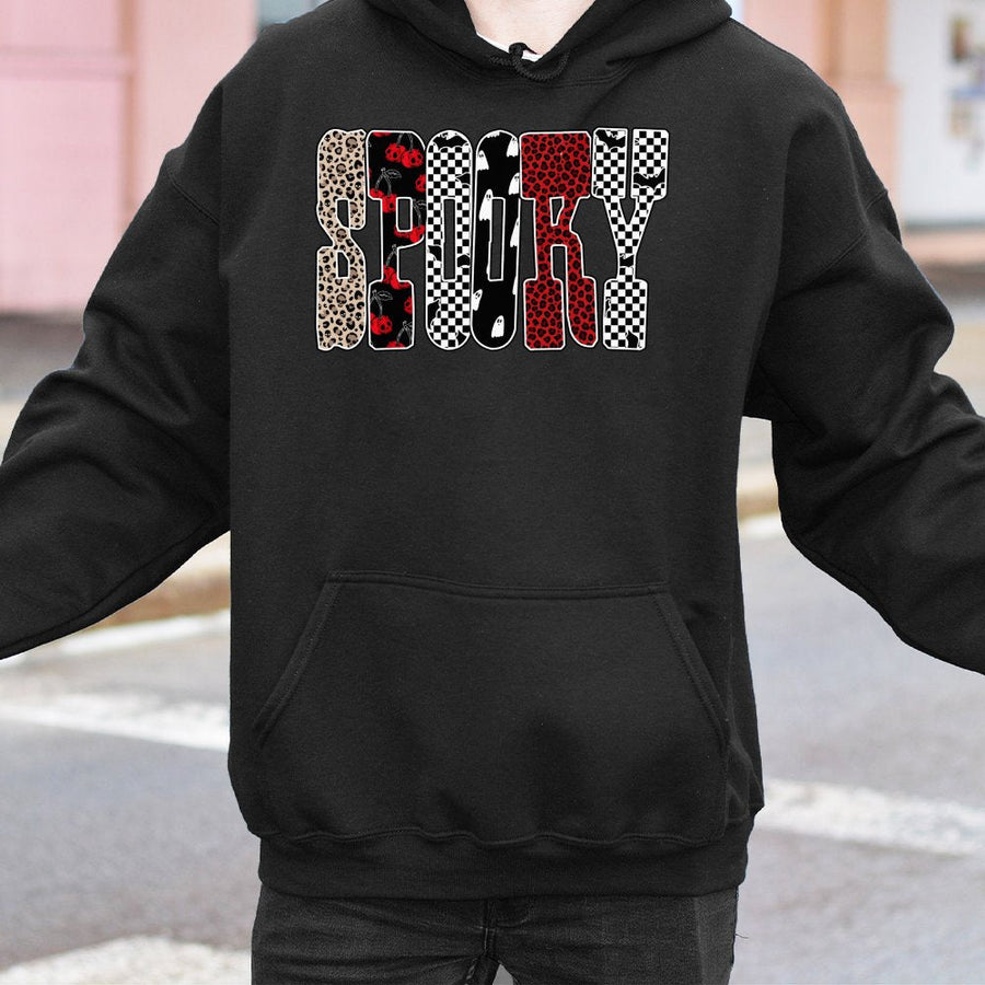 Spooky Halloween Hoodie | Leopard Checkered Graphic Design | Premium Cotton-Poly Blend | Cute Fall Sweatshirt Gift for Women and Teens