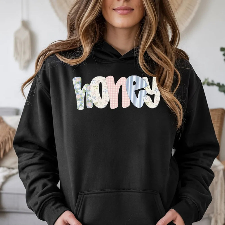 Coquette Honey Hoodie | Preppy Floral Bow Patchwork Graphic | Soft Cotton Blend | Aesthetic Spring Gift for Her