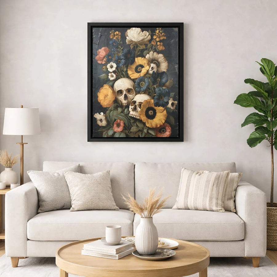 Dark Floral Skull Canvas Print | Gothic Flower Still Life Art | Premium Gallery Wrapped Wall Decor | Moody Home Office Gift