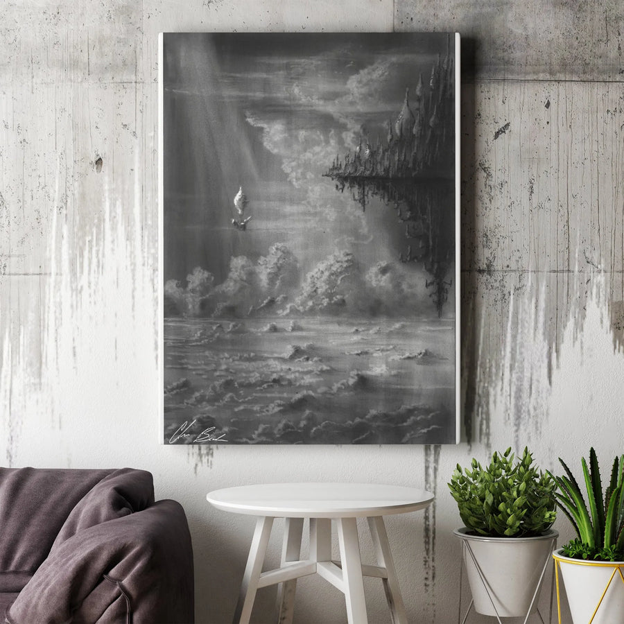 Fantasy Journey Canvas Art | Surreal Ship on a Cloud Sea Print | Premium Black & White Sketch Wall Decor | Gift for Fantasy Book Lover