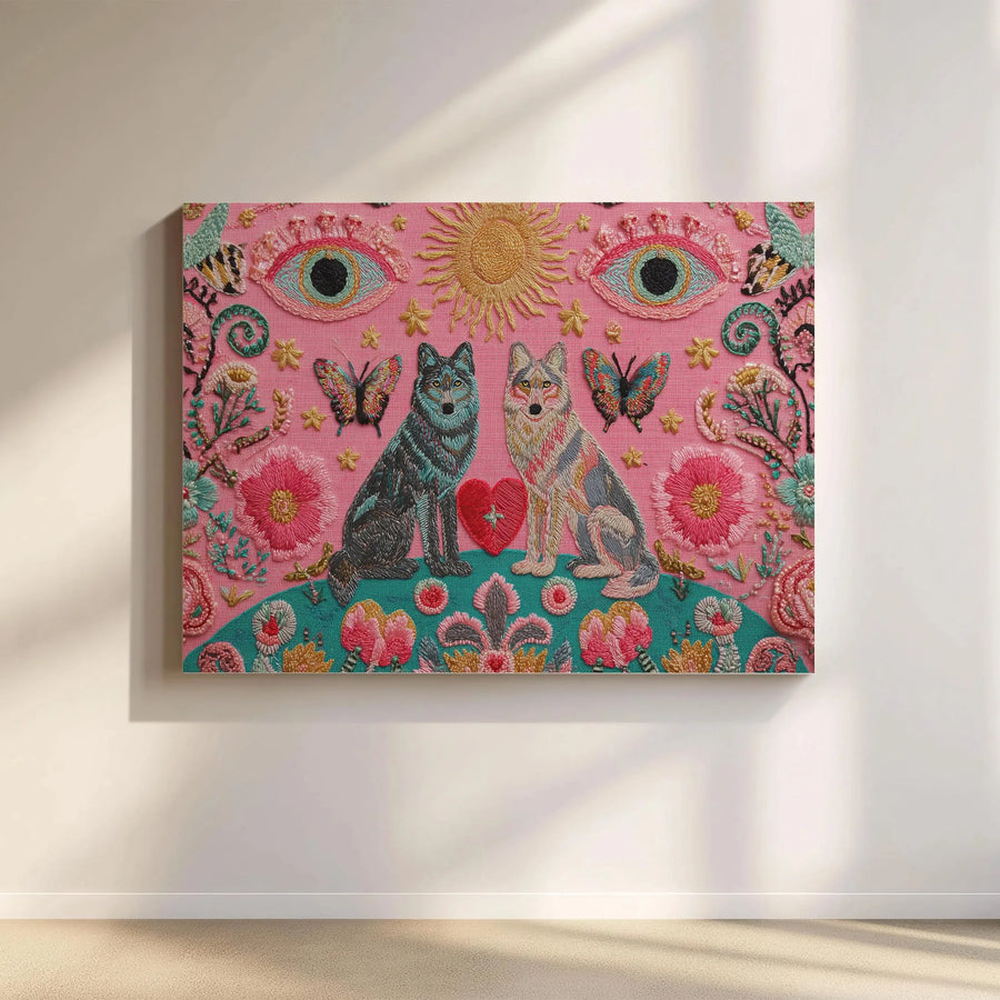 Two Wolves Canvas Art | Mystical Folk Art Embroidery Style | 1.25" Gallery Wrap Premium Print | Bohemian Home Decor Gift For Wildlife Lovers