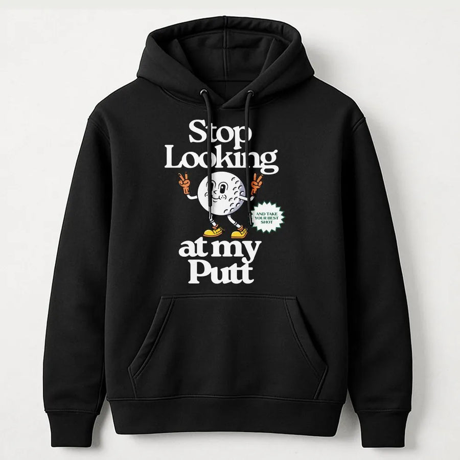 Funny Golf Hoodie | Stop Looking At My Putt Retro Graphic | Premium Cotton Blend Pullover | Humorous Golfer Gift for Dad