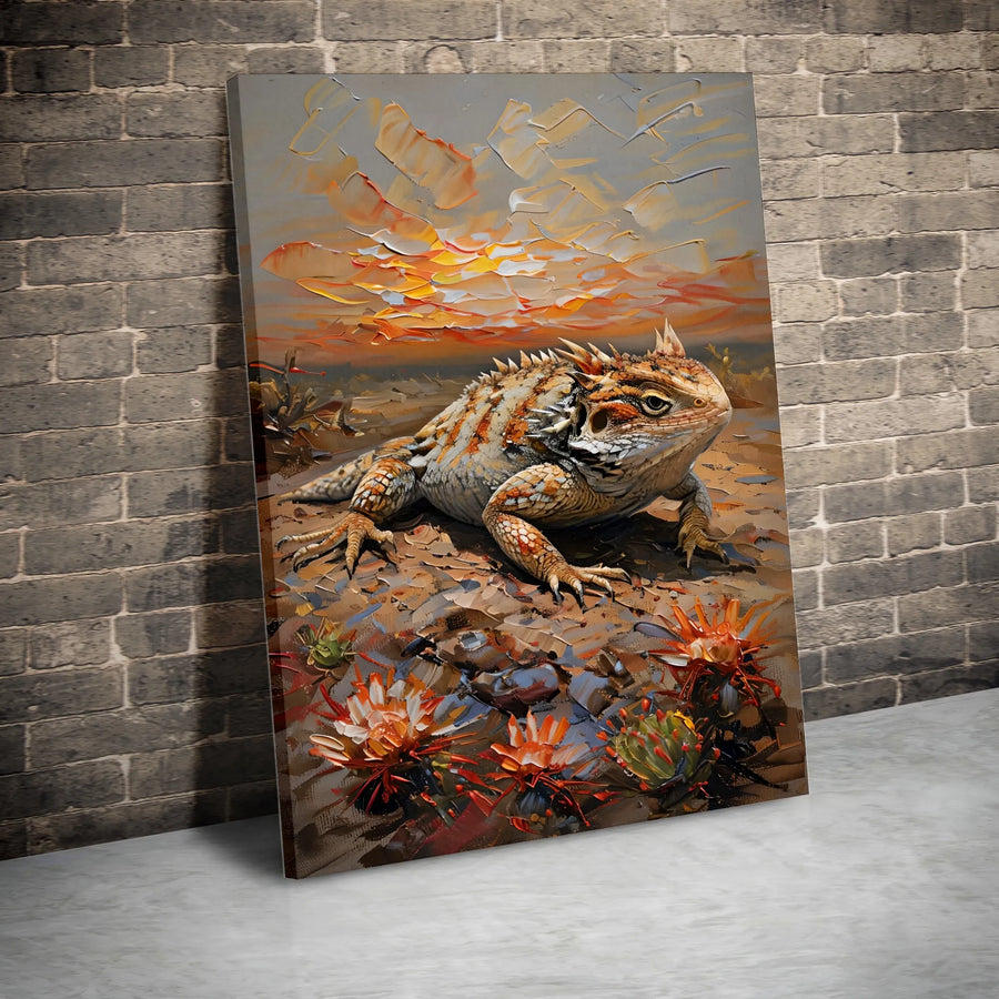 Horned Lizard Wall Art | Desert Sunset Impasto Oil Painting | Premium Gallery Wrap Canvas | Southwest Nature Home Decor Gift