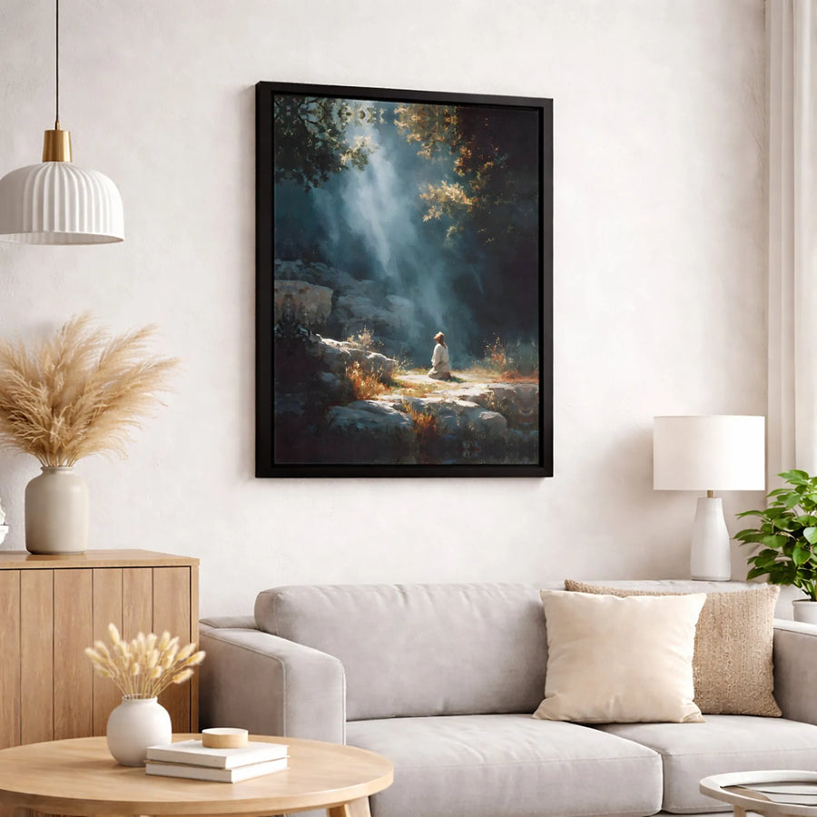 Jesus Kneeling in Prayer Canvas Wall Art | Divine Light Religious Decor | Premium Gallery Wrap Print | Christian Faith Home Gift