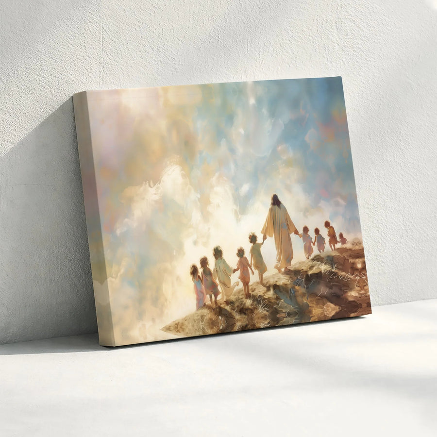 Jesus with Children Canvas Wall Art | He Walks With Us Watercolor Print | Premium Gallery Wrapped Canvas | Inspirational Christian Home Decor Gift