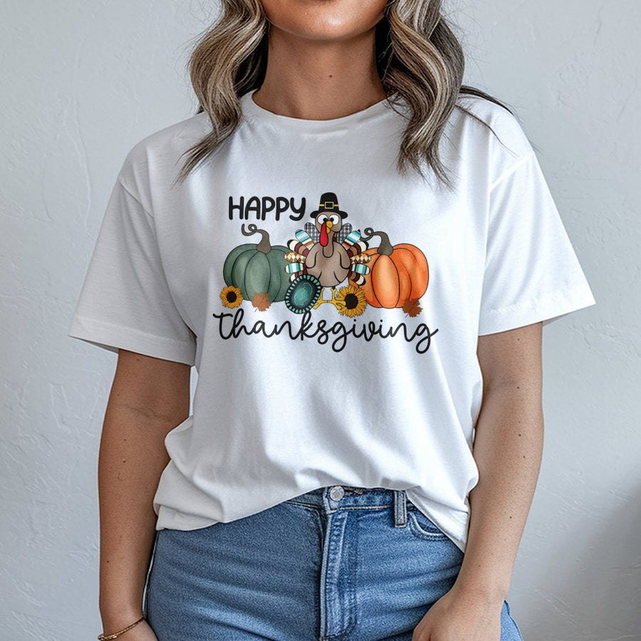Happy Thanksgiving T-Shirt | Cute Turkey and Pumpkin Fall Graphic | 100% Cotton Premium Tee | Unisex Autumn Holiday Gift for Family Dinner