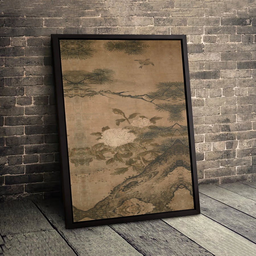 Japanese Peony Art Canvas | Vintage Bird and Pine Tree Wall Decor | Premium Gallery Wrap Print | Zen Home Office Aesthetic Gift