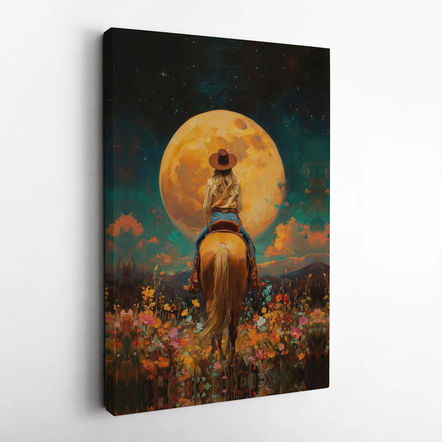 Cowgirl Horse Wall Art | Western Night Moon Landscape | Premium Gallery Wrapped Canvas | Rustic Home Decor Gift