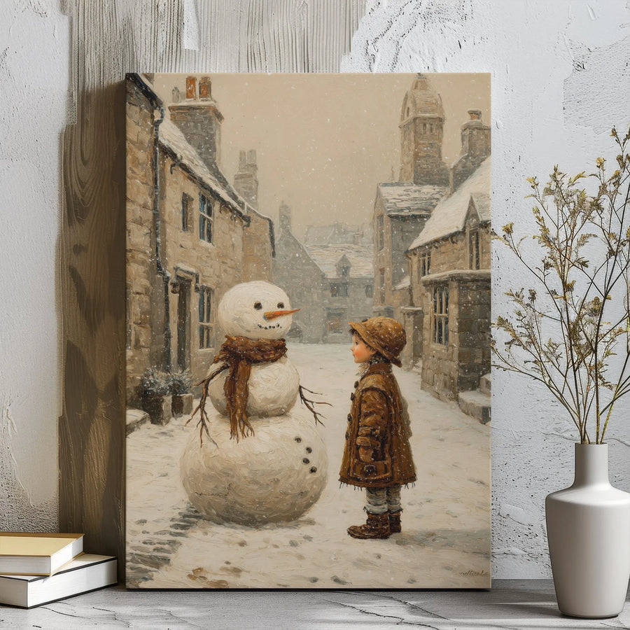 Snowman Canvas Wall Art | Nostalgic Winter Village Scene Painting | Premium Gallery Wrap Decor | Holiday Gift for Christmas Home