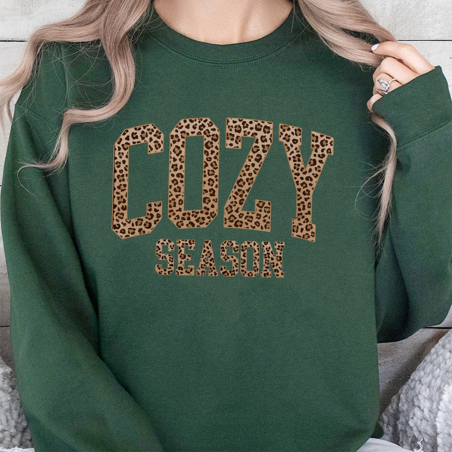 Cozy Season Sweatshirt | Leopard Print Varsity Letter Graphic | Premium Cotton Blend | Fall Aesthetic Gift for Women