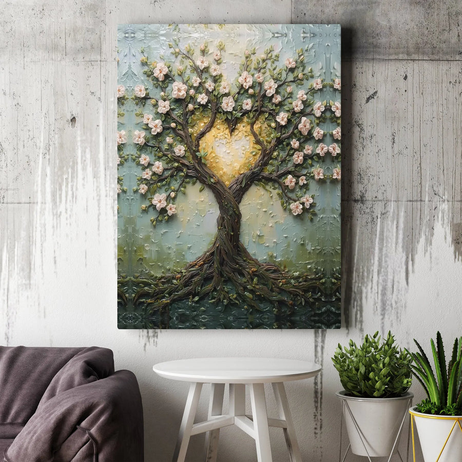 Tree of Life Canvas Wall Art | Textured Golden Heart and Blossom Tree Print | Premium Gallery Wrap Canvas | Romantic Bedroom Decor Gift