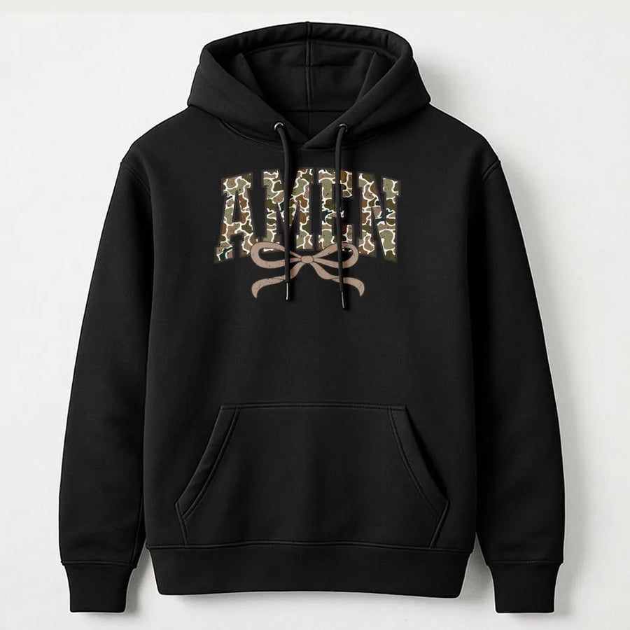 Amen Camo Bow Hoodie | Coquette Aesthetic Christian Sweatshirt | Premium Cotton Blend | Faith-Inspired Gift For Her
