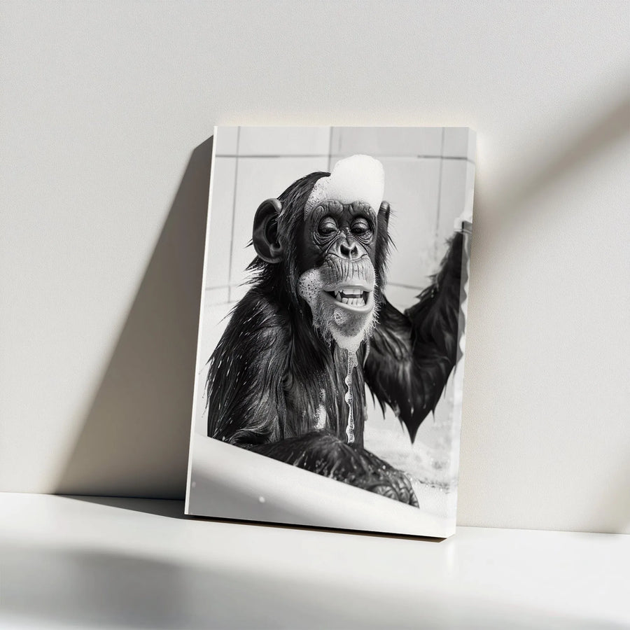 Funny Chimpanzee Canvas Wall Art | Bubble Bath Monkey Photography | Premium Gallery Wrap Print | Whimsical Bathroom Home Decor
