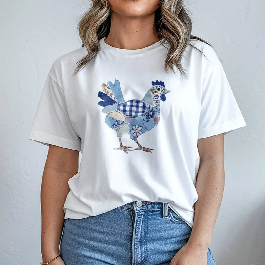 Patchwork Chicken T-Shirt | Vintage Farmhouse Graphic Print | Premium Cotton Blend | Cute Easter Gift for Chicken Lover
