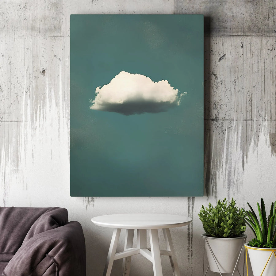Minimalist Cloud Canvas Wall Art | Single White Cloud Teal Sky | Premium Gallery Wrapped Print | Modern Home Decor Gift For Bedroom Or Office