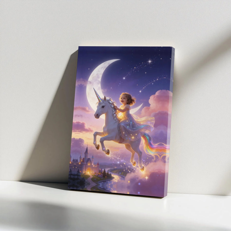 Magical Unicorn Canvas Print | Girl Riding Unicorn over Fairytale Castle | Premium Gallery Quality Canvas | Gift for Girl's Nursery or Bedroom Decor