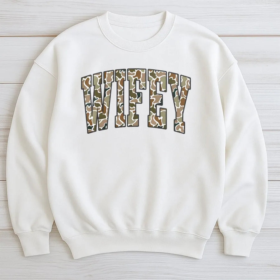 Camo Wifey Sweatshirt | Hunting Camouflage Graphic Pullover | Premium Cotton Blend | Anniversary Gift for Wife, Country Girl