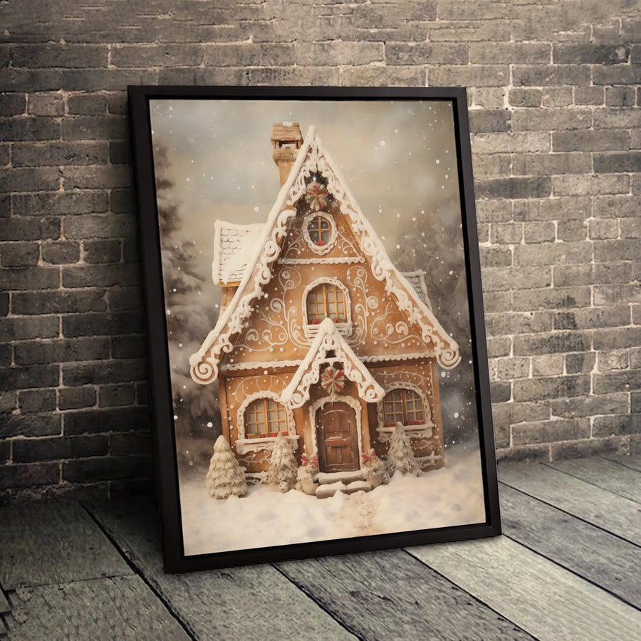Christmas Gingerbread House Wall Art | Snowy Winter Cabin Canvas Print | Premium Fade-Resistant Gallery Wrap | Festive Holiday Home Decor Gift