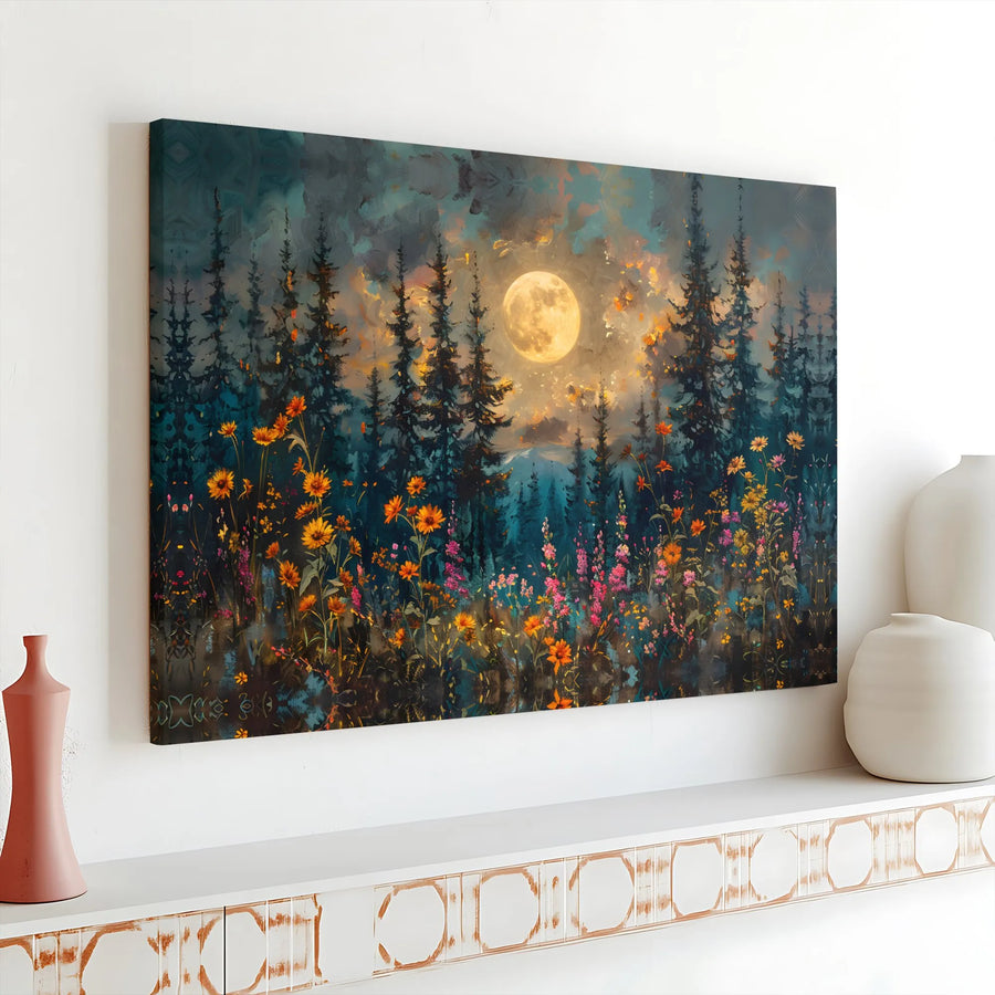 Moonlit Forest Canvas Wall Art | Colorful Wildflower Landscape Print | Premium 1.25" Gallery Wrap | Nature-Inspired Home Decor Gift