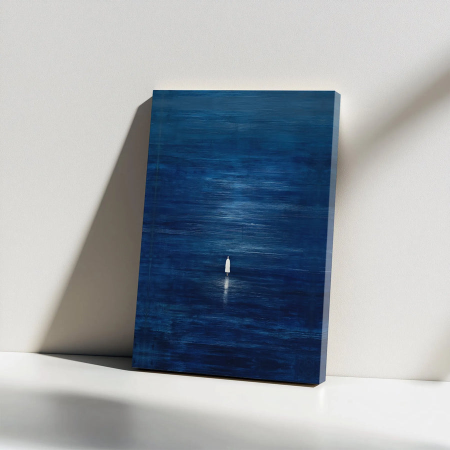 Abstract Ocean Canvas Wall Art | Minimalist Lone Figure on Deep Blue Sea | Premium Gallery Wrapped Canvas | Modern Zen Wall Decor Gift