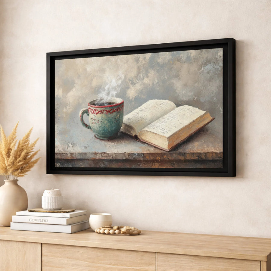 Coffee and Book Still Life Canvas Print | Cozy Cafe Oil Painting Style Wall Art | 1.25" Thick Premium Gallery Wrap | Home Office Decor Gift