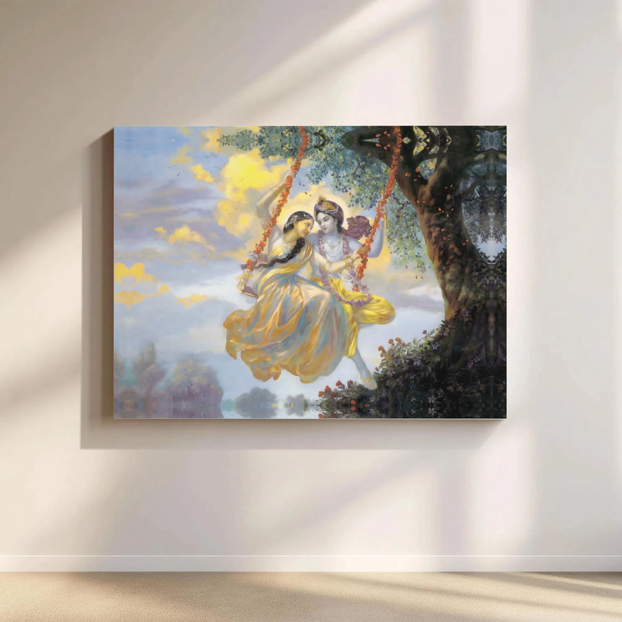Radha Krishna Canvas Wall Art | Divine Love on Swing Painting | Premium Gallery Wrapped Canvas | Hindu God Decor Gift for Home