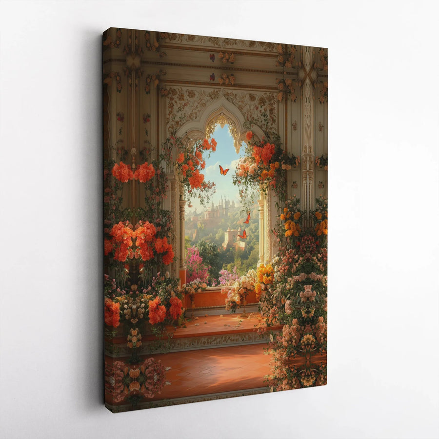 Romantic Floral Window Canvas Art | Fairytale Castle View Print | Premium Gallery Wrapped Canvas | Whimsical Wall Decor Gift for Her