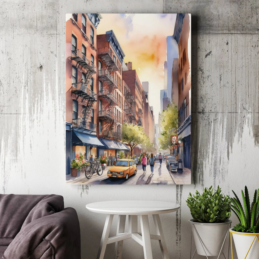 New York Cityscape Vertical Canvas | Watercolor Brownstone Street Scene Art | Premium Gallery Wrapped Print | Urban Home Decor Gift for NYC Lover