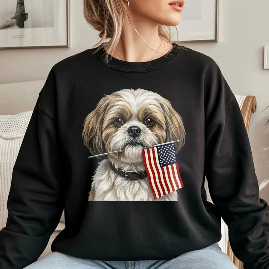 Patriotic Shih Tzu Sweatshirt | Dog with American Flag Graphic | Ultra-Soft Unisex Crewneck | 4th of July Gift for Dog Lover