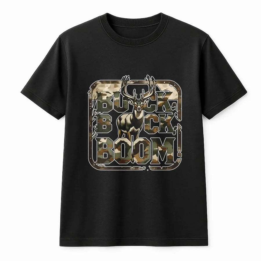 Buck Buck Boom Hunting T-Shirt | Camo Deer Graphic Design | Premium 100% Cotton Tee | Gift for Deer Hunters and Outdoorsmen