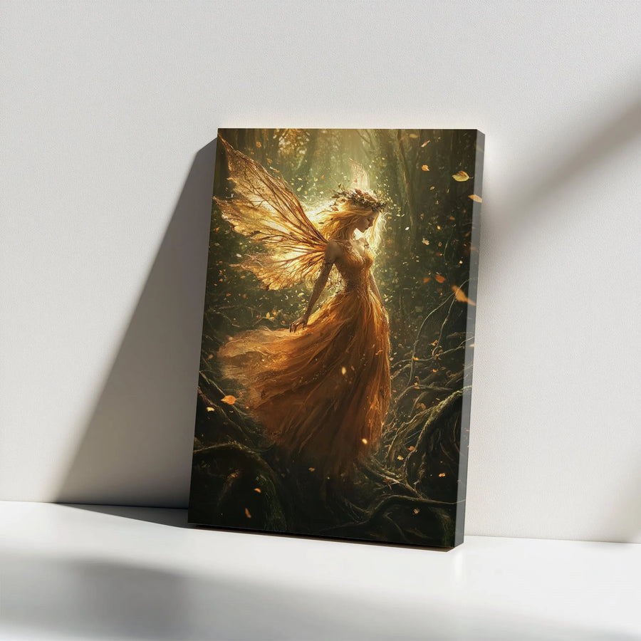 Golden Fairy Canvas Wall Art | Enchanted Autumn Forest Fantasy Print | Premium Gallery Wrapped Decor | Whimsical Gift For Fantasy Lovers
