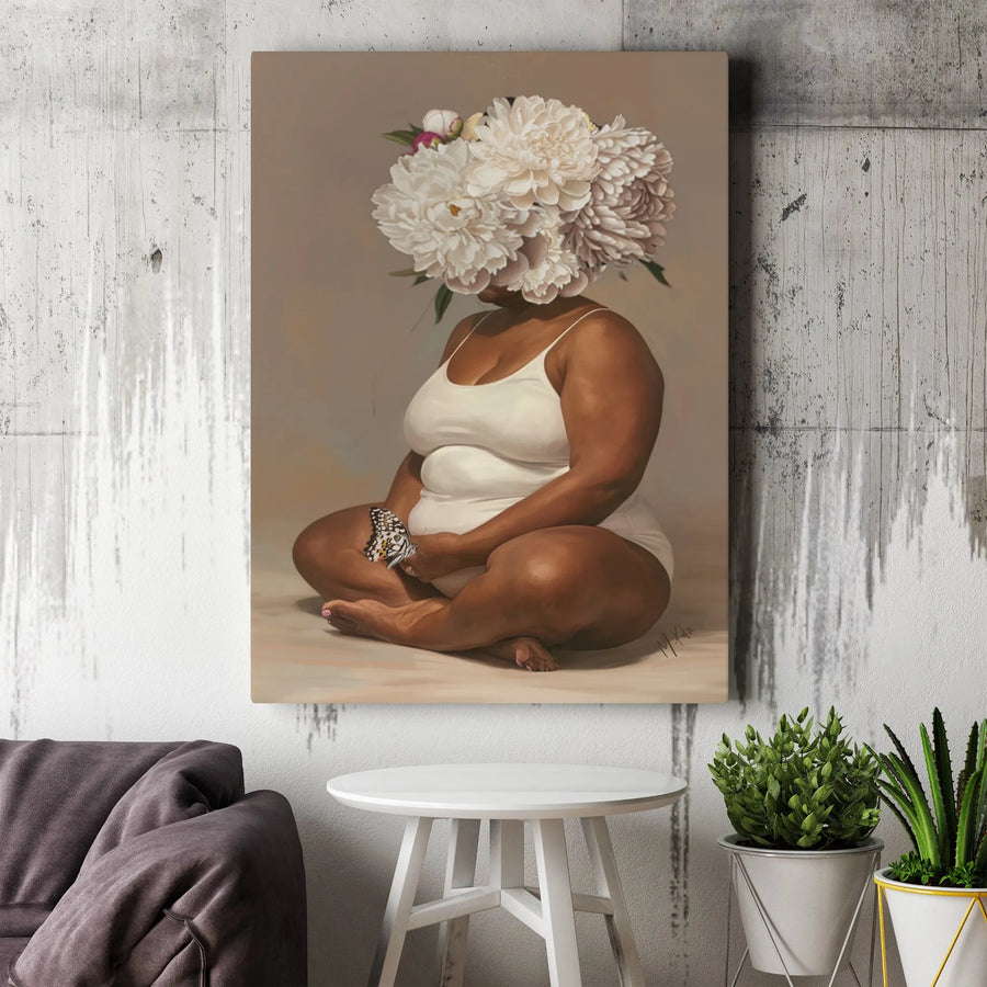 Surreal Flower Head Canvas Print | Body Positive Peony Bouquet Art | Premium Matte Canvas | Bedroom Wall Decor Gift for Her