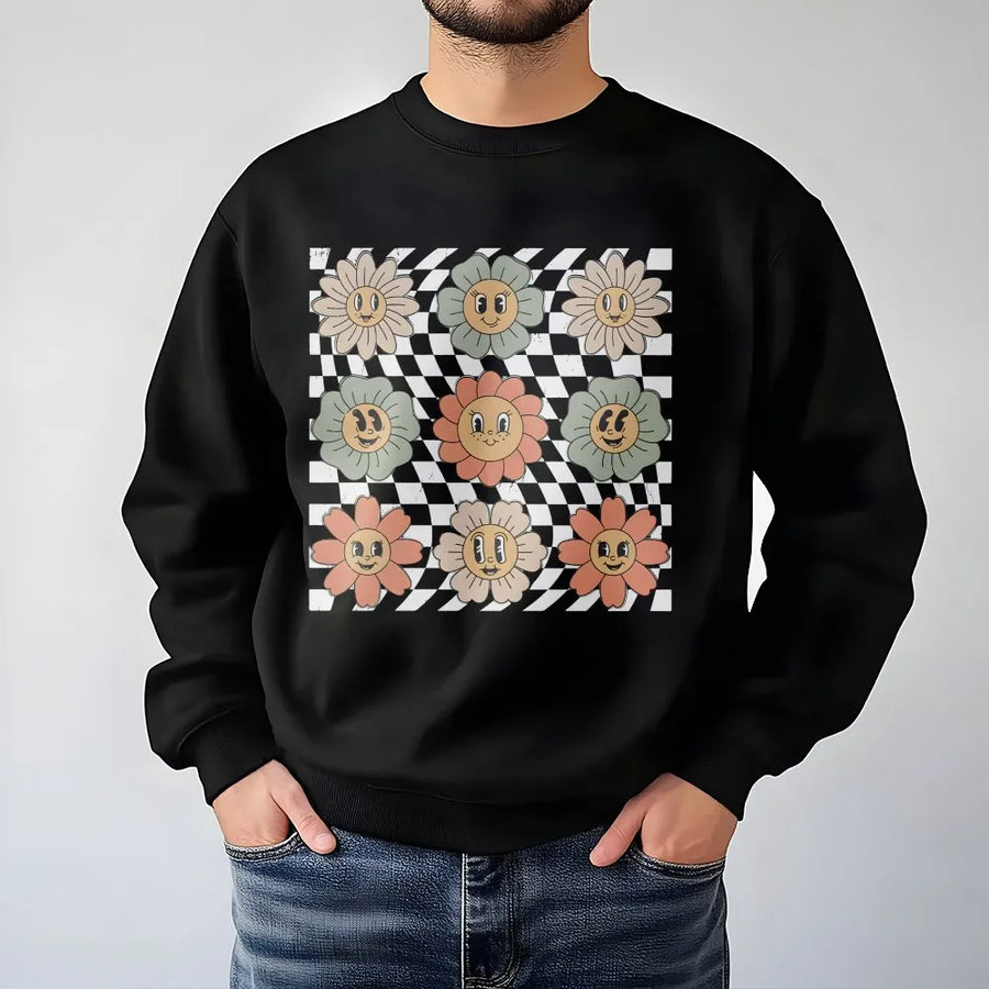 Retro Checkered Flower Sweatshirt | Groovy Smiley Floral Graphic | Soft Cotton Unisex Tee | Trendy Boho Gift for Women