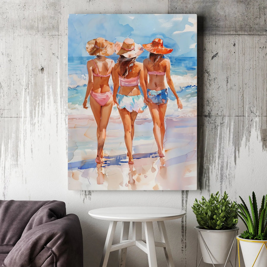 Beach Girls Wall Art | Watercolor Summer Ocean Print | 1.25” Thick Gallery Wrap Canvas | Coastal Home Decor Gift for Best Friends