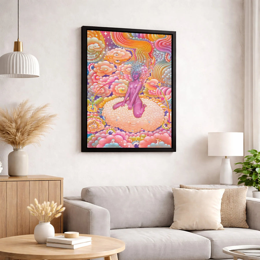 Psychedelic Dreamscape Canvas Art | Surreal Cloud Girl Illustration | Premium Gallery Wrapped Print | Unique Surrealist Wall Decor Gift